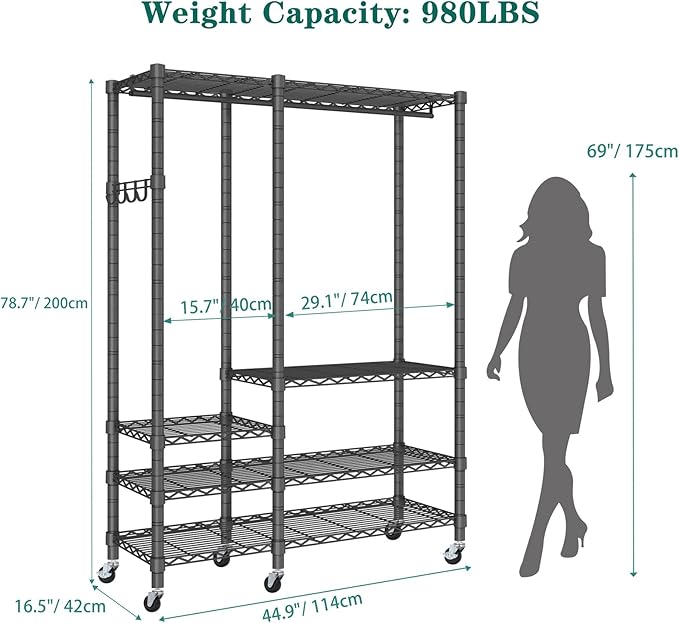 Rolling Clothes Rack, Heavy Duty Garment Rack for Hanging Clothes, Wire Adjustable Rolling Clothing Rack with Lockable Wheels & 2 Hanger Rods, Max Load 850LBS, Black