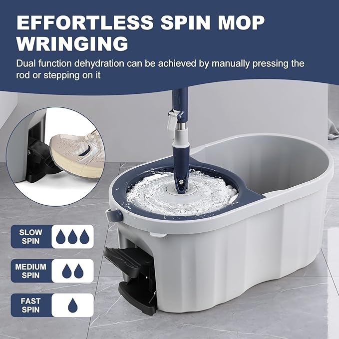 Spin Mop and Bucket System with180-Degree Rotating Head Telescopic Handle Dual Chamber Bucket Floor Cleaning Set with 3 Mop Refills Dual-Function Wringing Hand-Press and Foot-Pedal