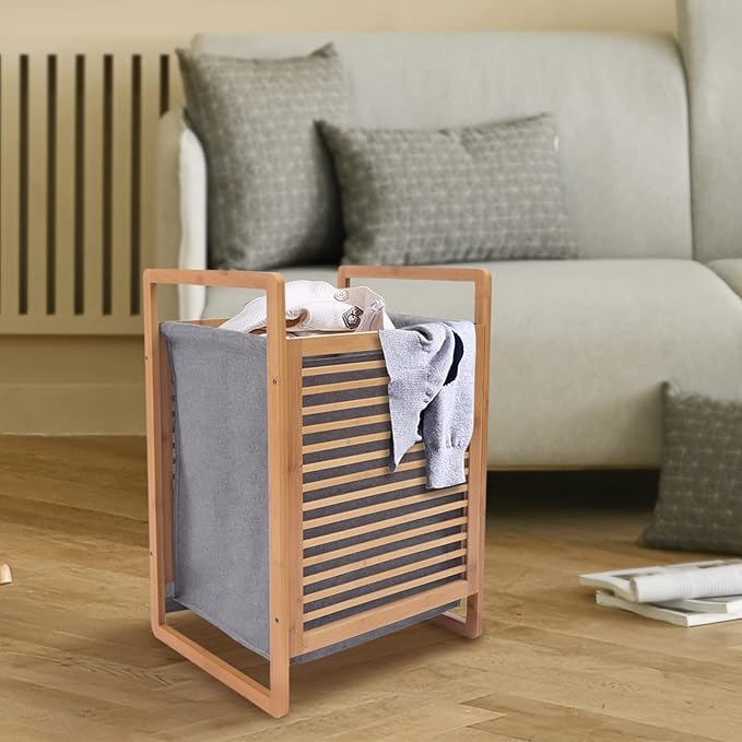 One-Section Organizer Storage Shelf with Bamboo Frame and Baskets Storage Drawers Unit,Laundry Towel Hamper Cabinet Tower One Part Compartment Sorter Basket