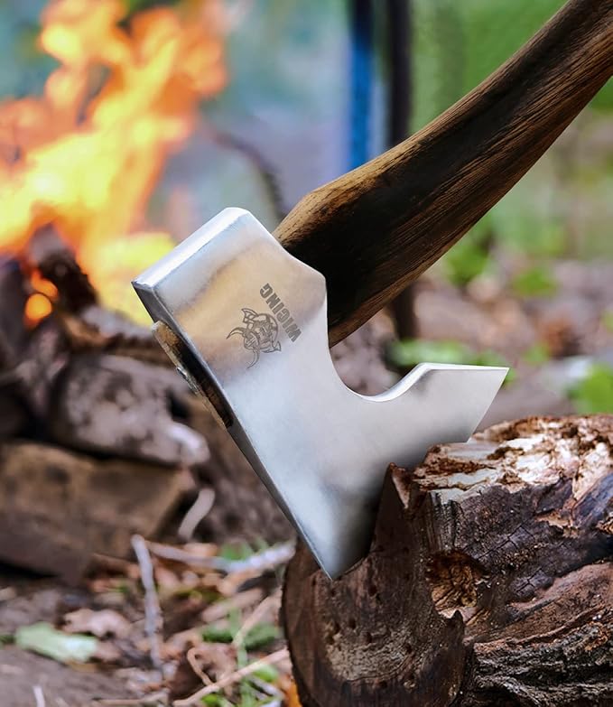 13.5 Inch Hatchet, Camping Axe 1055 Carbon Steel and Beech Handle, Survival Hatchet with Leather Sheath for Wood Splitting and Kindling