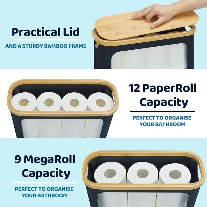 Toilet Paper Storage for 12 Rolls, Toilet Paper Basket with Lid, Bathroom Storage Organizer with Bamboo Lid, Black
