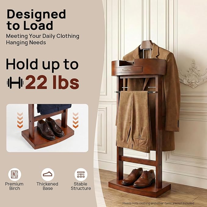 Wood Men Valet Stand with Drawer, Standing Suit Valet Stand, Clothes Organizer Rack for Home Entryway Living Room Bedroom Office, 22lbs Load Capacity(Brown)