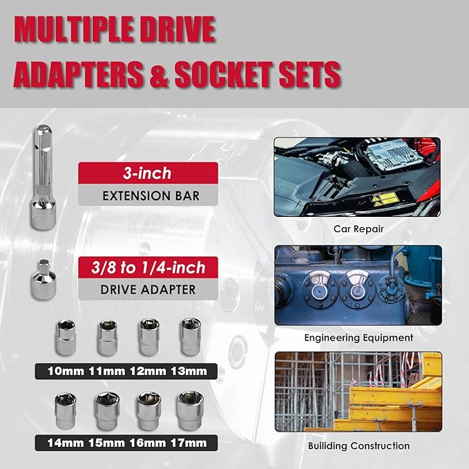 KITLUCK Cordless Electric Ratchet Wrench Set, 3/8" 12V Extended Power Ratchet Tool Kit, 41 Ft-Lbs Cordless Ratchet with 8 Sockets, 1/4" adapter, LED Light, 2-Pack 2000mAh Battery And Charger