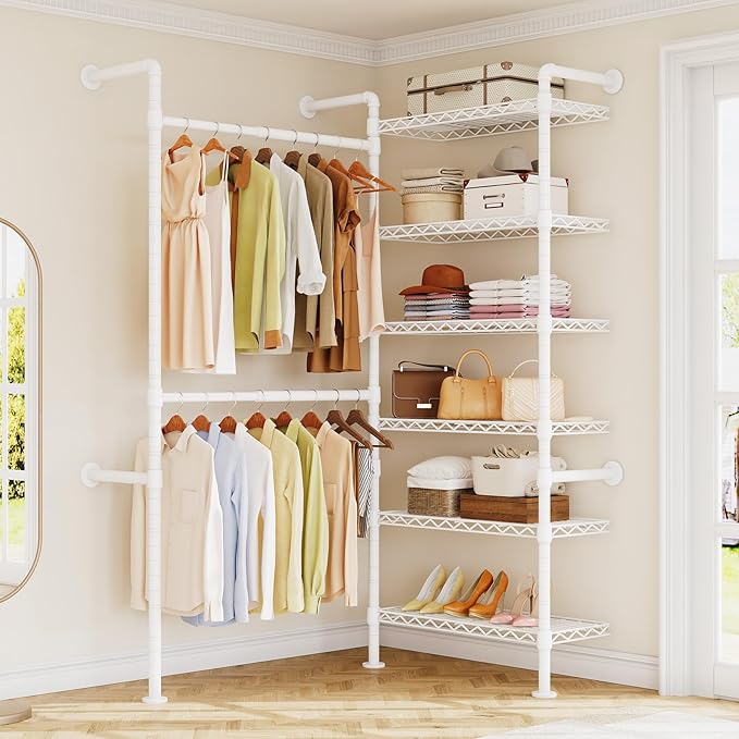 ONBRILL H2 Wall Mounted Clothing Rack, Expandable Industrial Pipe Clothes Rack Garment Racks for Hanging Clothes, Heavy Duty Closet Organizers and Storage in Closet System, White