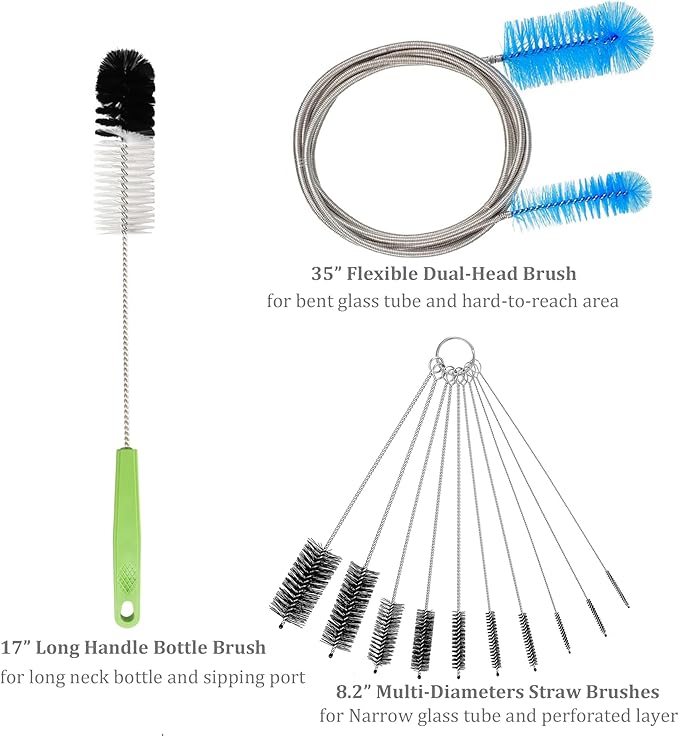Set of 12 Tube Pipe Cleaners Kit - for Cleaning Narrow Neck Bottle, Curved Glass Tube, Hard-to-Reach Crevices,17” Long Handle Brush,8.2” Multi-Diameters Brushes,35” Flexible Dual-Head Cleaner