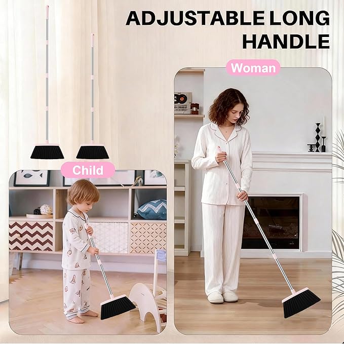 Broom with Dustpan Combo Set, 52-in Adjustable Handles Broom and Dustpan Set with Combo Teeth Easy to Scrape Off Pet Hair, Indoor&Outdoor Sweeping