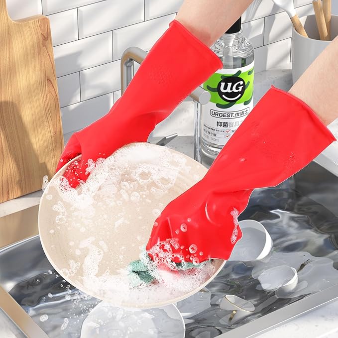 Rubber Cleaning Gloves for Dishwashing - 4 Pairs Kitchen Gloves for Washing Dishes, Reusable Household Gloves for Bathroom, Gardening (Small, Red & Beige, 2 Pairs of Each Color)