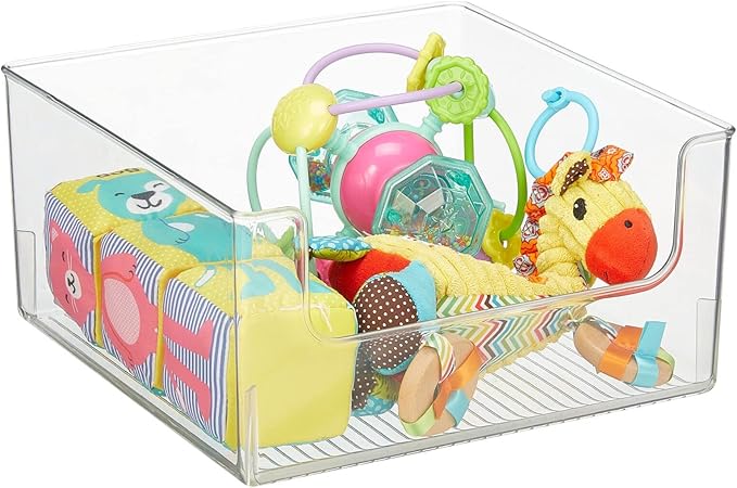 mDesign Plastic Modern Wide Open Front Dip Storage Organizer Bin Basket for Household Organization - Shelves, Cubby, Cabinet, and Closet Organizing Decor - Ligne Collection - 4 Pack - Clear
