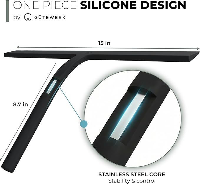 GÜTEWERK Silicone Shower Squeegee for Glass Doors & Mirrors with Stainless Steel Core, Streak-Free & No-Squeak Window Cleaning, 3-in-1 No-Drill Mount (Hook/Suction/Adhesive),Black, 15 Inches