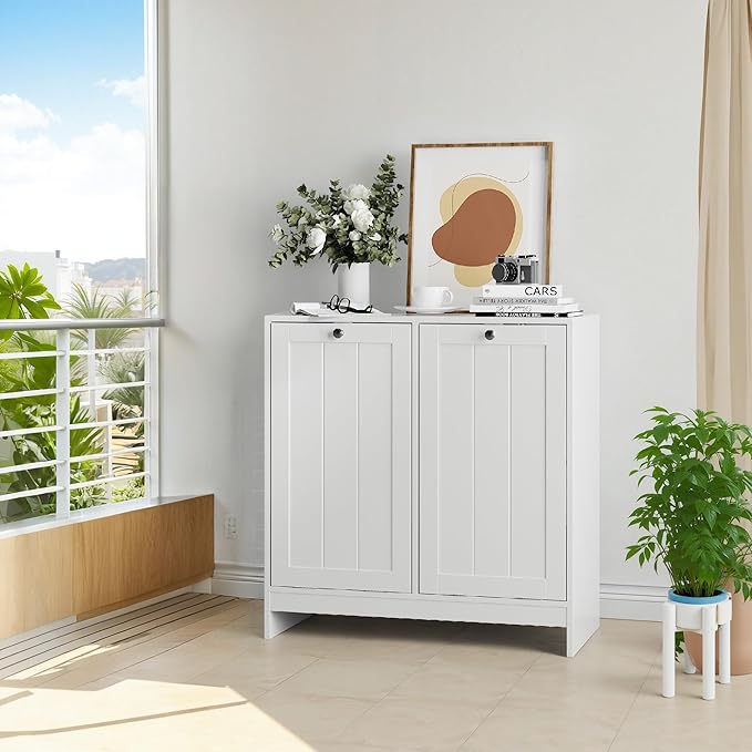 Tilted Laundry Hamper with Removable Baskets Hidden Storage Cabinet Free-Standing Organizer for Bathroom Bedroom White