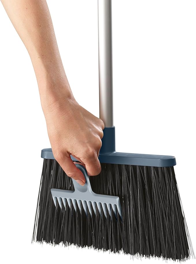Joseph Joseph CleanStore Wall-Mounted Adjustable Long Handle Broom Sweeper with Dust-Shield Storage, Indoor Sweeping Floor Brush with Soft Bristles and Comb