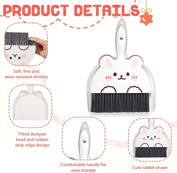Portable Hand Broom and Dustpan Set, Cute Rabbit Design Portable Mini Broom and Dustpan Set with Durable Brush, Lightweight Dust Pan and Brooms for Desktop Kitchen Small Space Cleaning