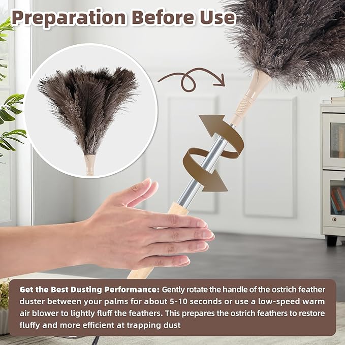 Ostrich Feather Dusters for Cleaning Kit - Reusable Soft Feather Duster Extendable to 49 inches for Cleaning Ceiling Fan, High Ceiling, Blinds & Retractable Small Duster for Keyboard, Car