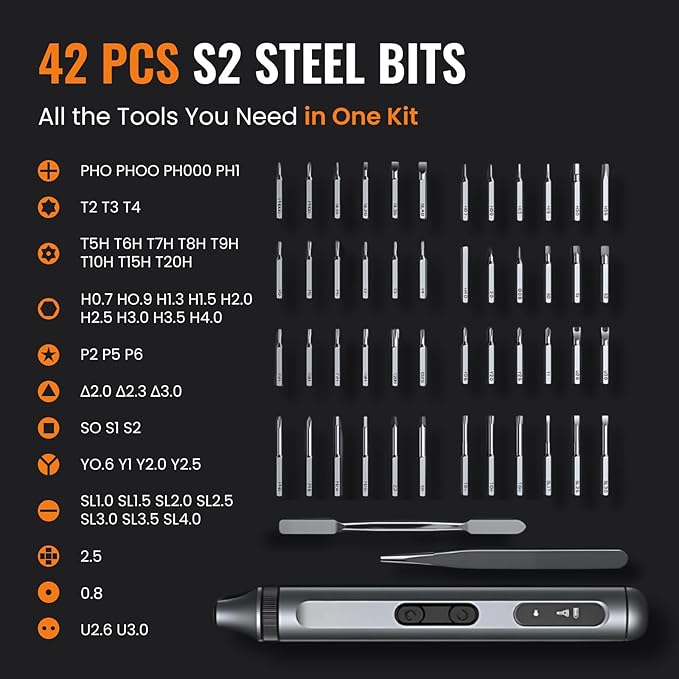 Precision Electric Screwdriver 52-in-1 Kit | Cordless Mini Power Driver for Electronics, PC & Laptop Repair | Compact Rechargeable Automatic Tool Set with Magnetic Bits