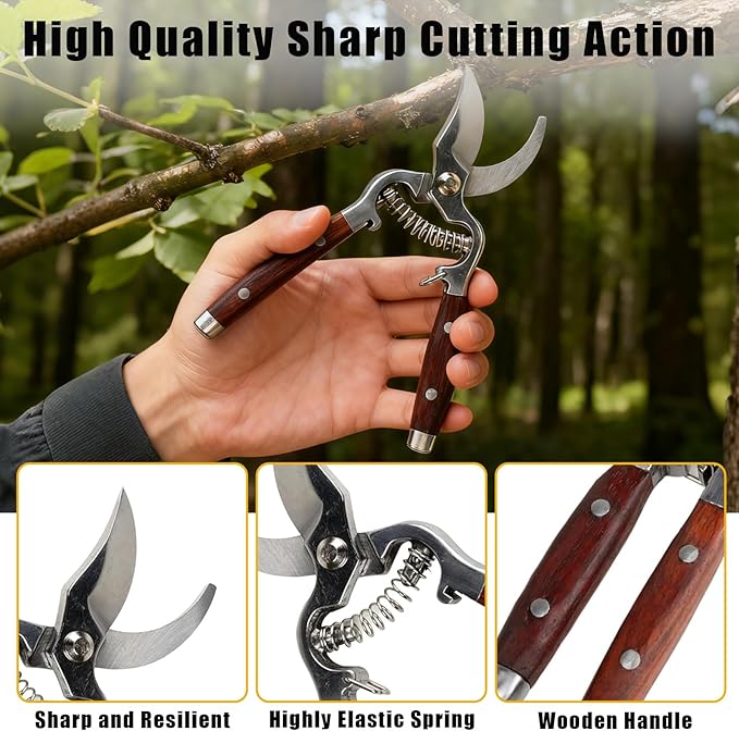 Garvee 2-Pack Wood & Steel Handle Bypass Pruning Shears for Gardening | Curved & Straight Garden Shears 8x20cm | Ultra Sharp Blades for Plants, Flowers & Light Branches | Essential Gardening Tools