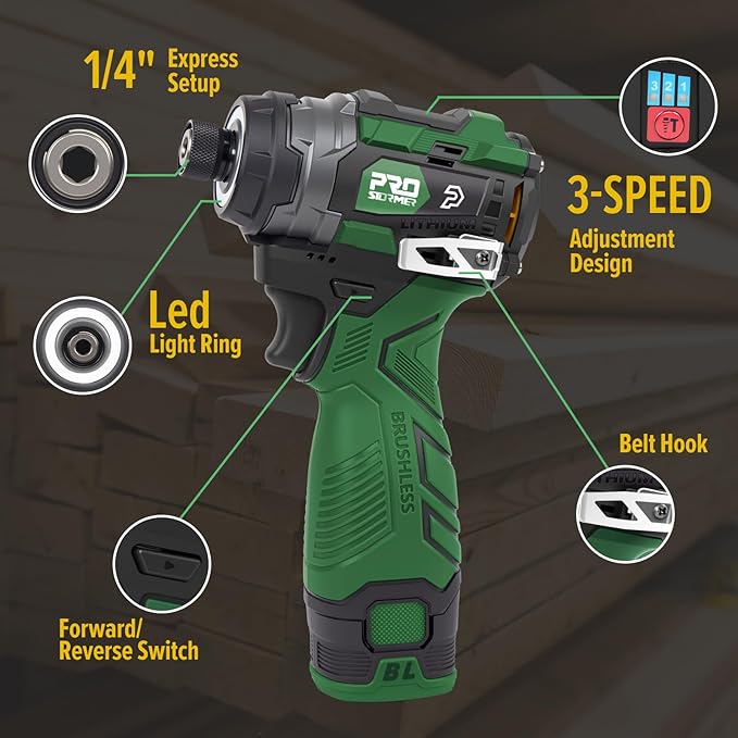 Prostormer 17V Cordless Impact Driver Set, 140Nm Brushless Screwdriver with 3 Variable Speed, 1/4” Hex Chuck, 18 Pcs Bits, 1.5Ah Batteries & Charger