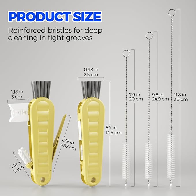 6 Pack Holikme 4 in 1 Cup Lid Cleaning Brush Set with 3 Straws, Multifunctional Bottle Brush, Silicone Cup Lid Gap Cleaner, Durable Bristle Crevice Cleaning Brush, Yellow