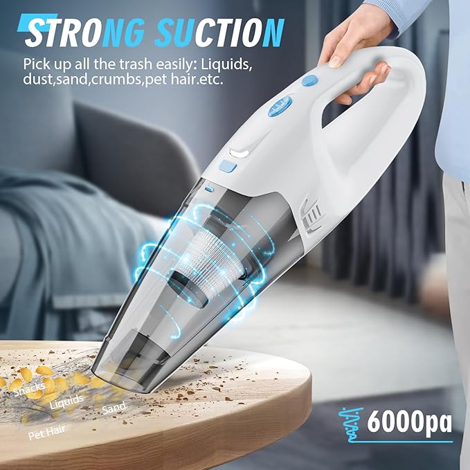 FUOAYOC Handheld Vacuum Cordless,Car Cordless Rechargeable, 6KPA Powerful Suction Hand Held Vacuum with LED Light/Multi Accessories, 1.6lbs Mini Portable Vacuum Cleaner for Home/Car/Office Cleaning