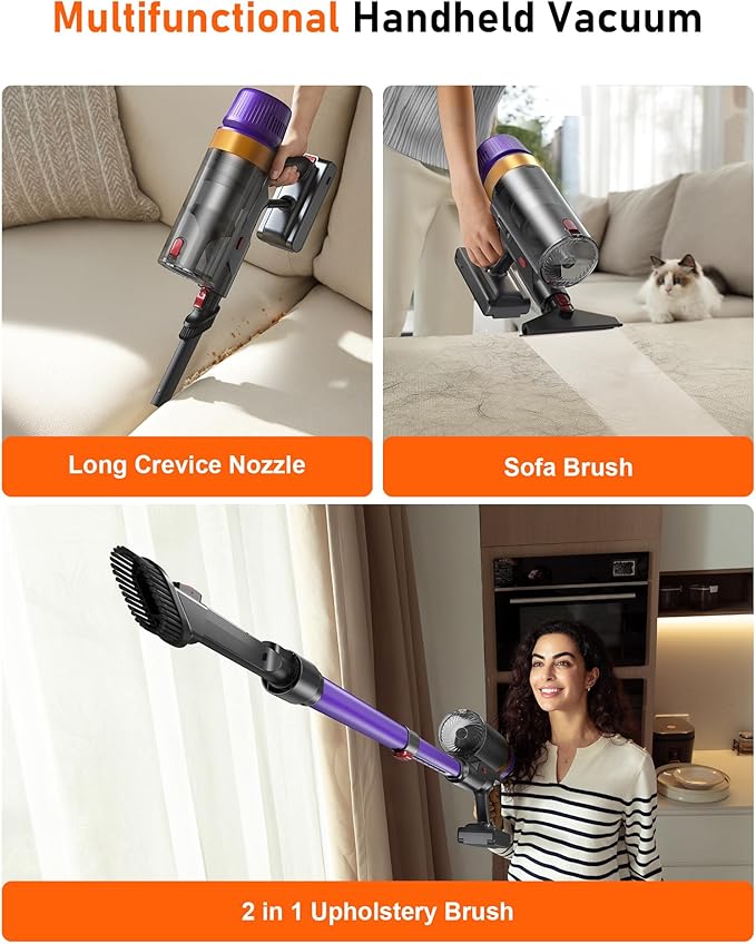 TVTAU Cordless Vacuum Cleaner, 620W 55KPA 75Mins Runtime Stick Vacuum with Self-Standing, LED Display, V-Shape Anti-Tangle Brush, 8-Stage Filtration, for Hardwood Floors Carpets Pet Hair, T10 Pro