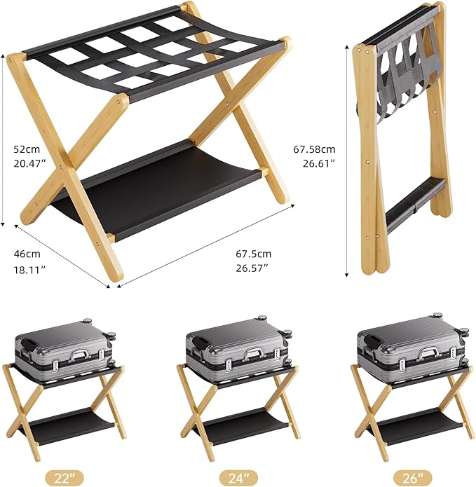HITNET Luggage Rack 2 Pack, Folding Suitcase Stand for Guest Room, Bamboo Luggage Holder with Storage Shelf for Hotel Bedroom, Natural