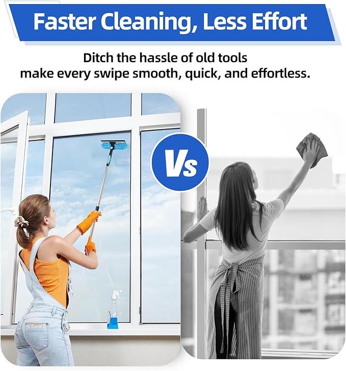 65'' Window Washing Kit with Extension Pole, 2-in-1 Window Cleaning Kit with Scrubber and Rotating Head, Window Cleaner Tool for Shower Rooms, Glass, Floors, Tiles, Walls, Car Windshields
