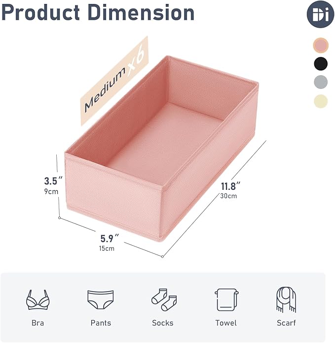 DIMJ Drawer Organizer Clothes - Underwear Organizer Closet Organizers and Storage Box Dresser Organizer,Drawer Dividers for Baby Clothes,Bra,Socks, Belt, Tie, Set of 6,Pink