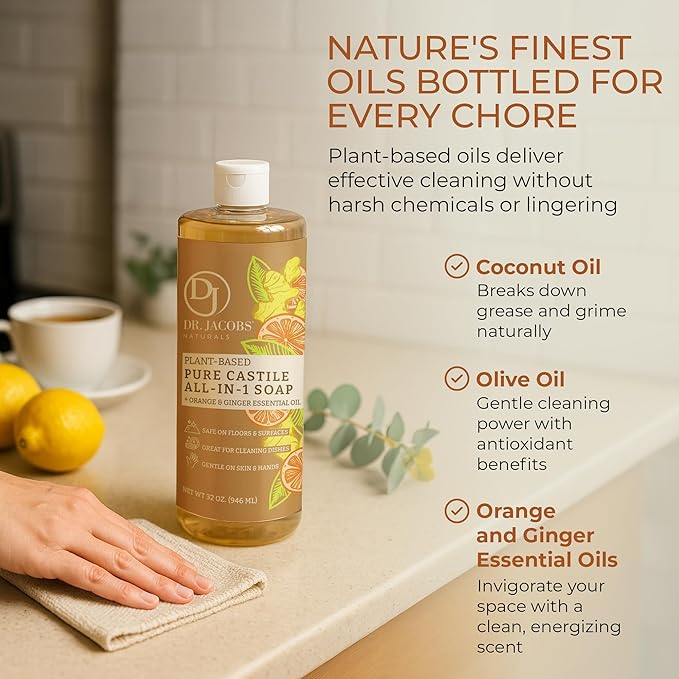 Dr. Jacobs Naturals Orange & Ginger Castile All-in-One Cleaner and Soap - Plant-Based Formula for House Cleaning Floors and Appliances - Gentle on Skin and the Planet - 32 oz, 2 Pack