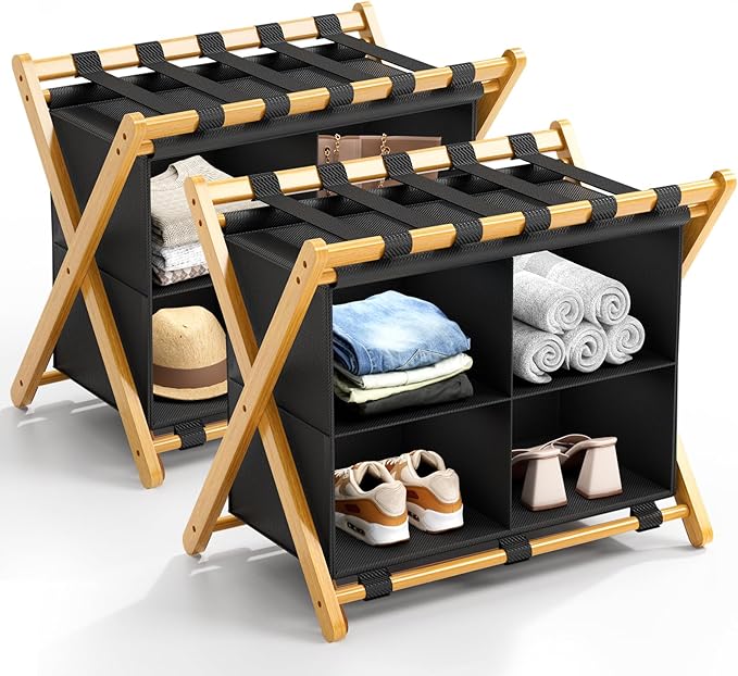 Folding Luggage Rack, 2-Pack Natural Bamboo Suitcase Stands with 4 Storage Compartments , Sturdy Luggage Holders for Guest Room, Bedroom, Hotel