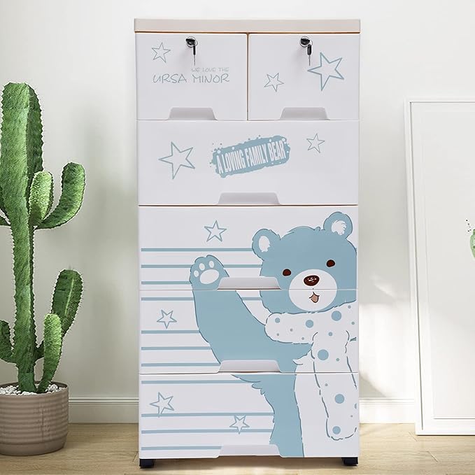 6 Drawer Plastic Storage Tower Cabinet, 5 Layers Polar Bear Closet with 5 Wheels, Closet Drawers Tall Dresser Organizer for Clothes Playroom Bedroom Furniture, Multi-Color