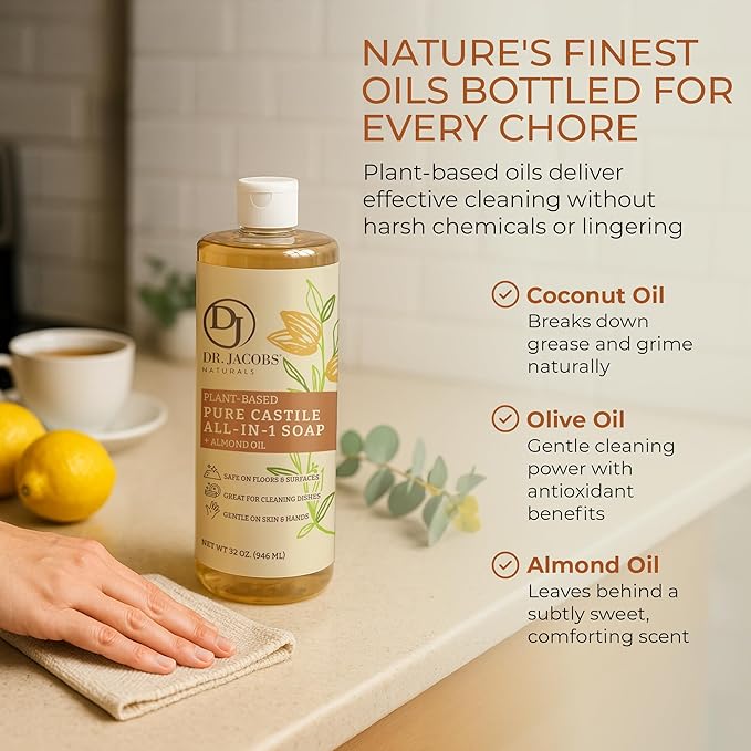 Dr. Jacobs Naturals Almond Castile All-in-One Cleaner and Soap - Plant-Based Formula for House Cleaning Floors and Appliances - Gentle on Skin and the Planet - 32 oz, 1 Pack