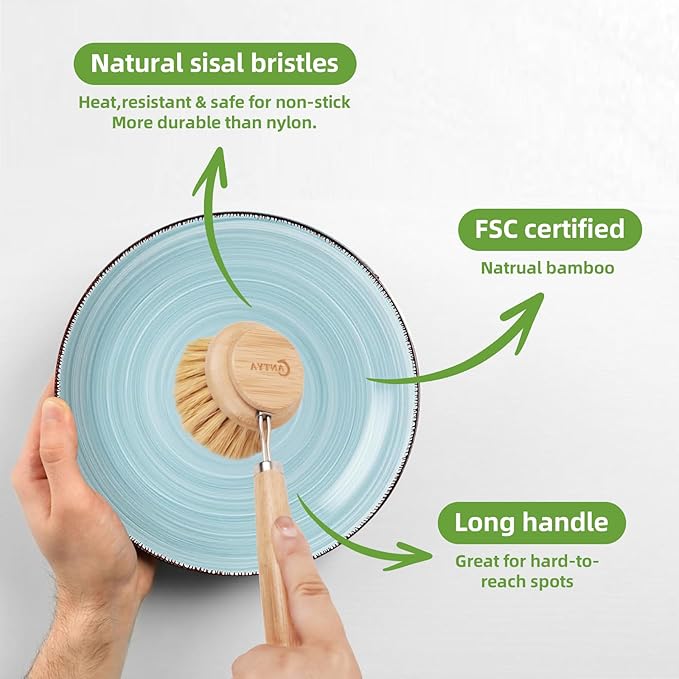 Bamboo Dish Brush - Bamboo Dish Scrubber, Eco-Friendly and Biodegradable, Vegetable Brush Suitable for Cookware, Bowls and Plates, Non-Stick Pans(Soft Bristle)