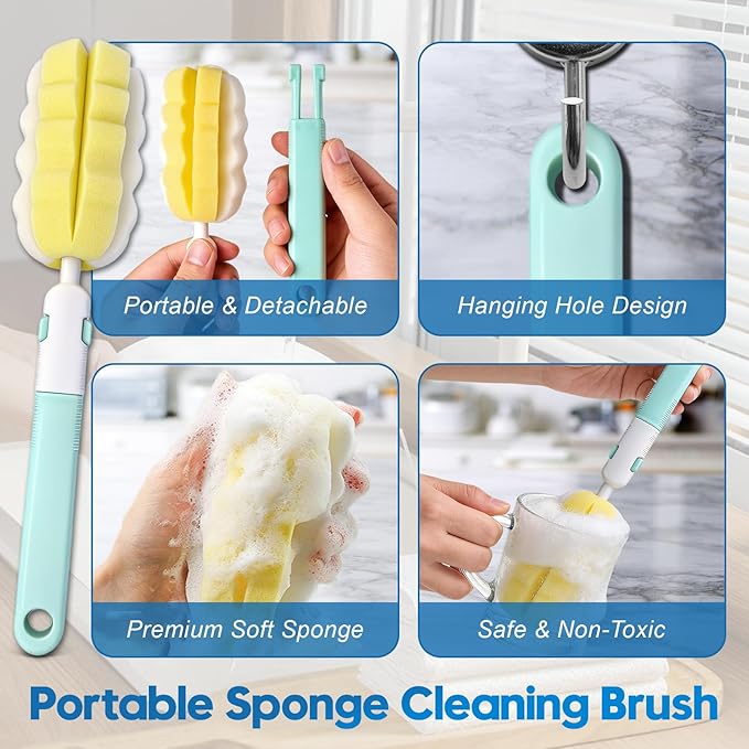 14Pcs Bottle Brush Cleaner Set, Long Handle Bottle Brushes, Sponge Brushes, 3-in-1 Water Bottle Cleaner Brushes and Straw Brushes for Water Bottles, Cups and Straws Cleaning