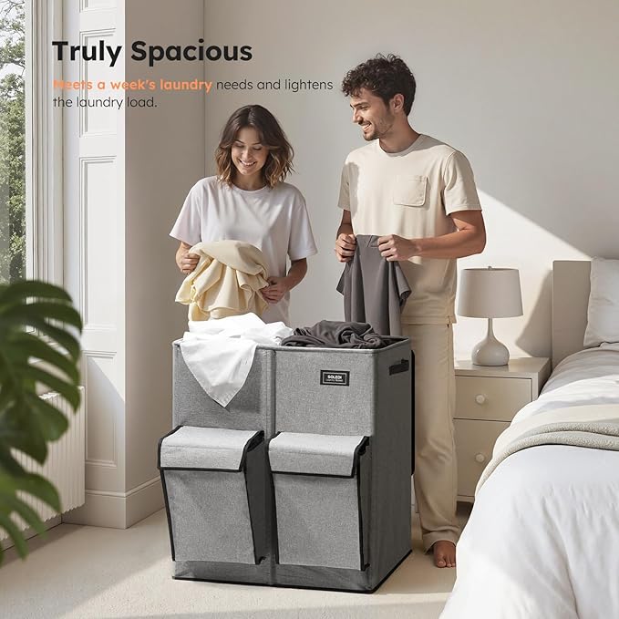 SOLEDI Double Laundry Hamper with Lid, 47.8 Gal (180L) Large Laundr Basket 2 Section with 2 Side Pockets, Dirty Clothes Hamper with Removable Bag, Easy to Carry for Laundry Room, Bedroom, Grey