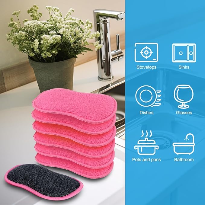 HOMEXCEL 12 Pack Multi-Purpose Scrub Sponges Kitchen Dish Sponge Non-Scratch Microfiber Sponge for Efficiently Cleaning Dishes Pots Pans Pink