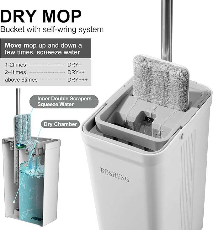 Mop and Bucket with Wringer Set, Flat Floor Mop and Bucket, with 2 Mops and 4 Microfiber Cleaning Cloths for Floor Cleaning, Wet and Dry Use