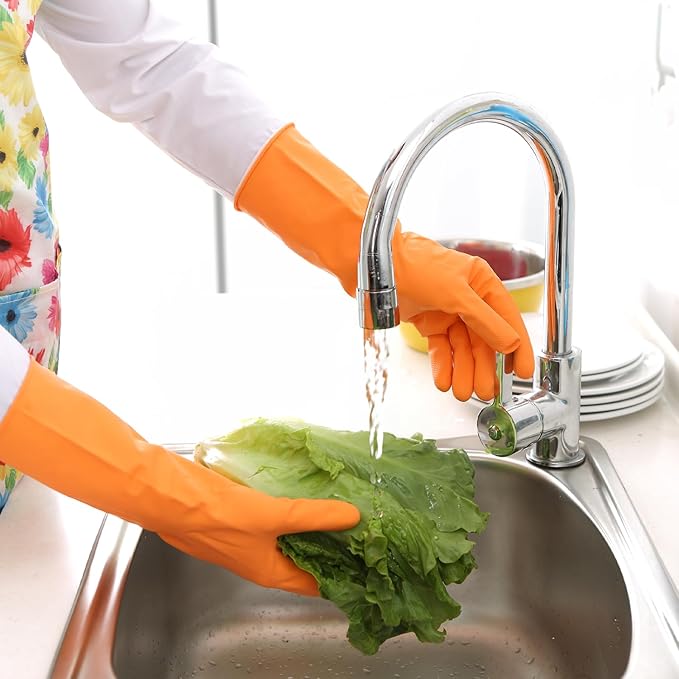 Bamllum Rubber Cleaning Gloves for Kitchen - 4 Pairs Reusable Dishwashing Gloves for Household, Flexible Long-lasting & Waterproof (Small, Blue+Green+Red+Orange)