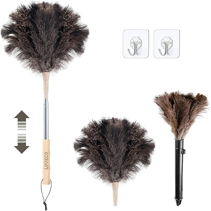 Ostrich Feather Dusters for Cleaning Kit - Reusable Soft Feather Duster Extendable to 49 inches for Cleaning Ceiling Fan, High Ceiling, Blinds & Retractable Small Duster for Keyboard, Car