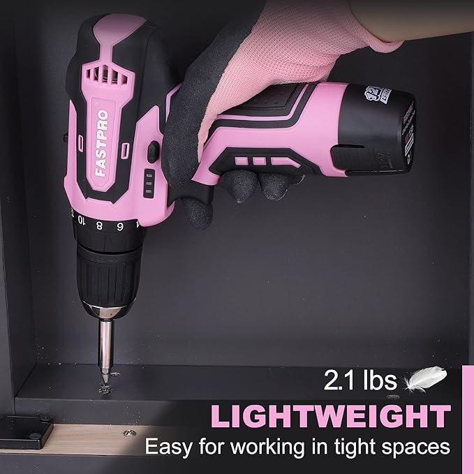 FASTPRO 160-Piece Pink Tool Set with 12V Cordless Lithium-ion Drill Driver, Lady's Home Repairing Tool Kit with Drill in Storage Case, For DIY, Home Maintenance