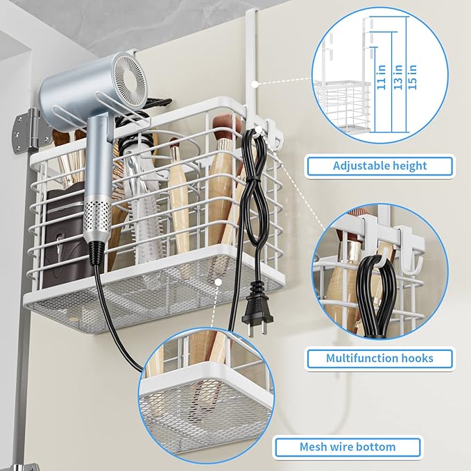 OVICAR Hair Dryer Holder - 3-in-1 Hair Tool Organizer Blow Dryer Holder Adjustable Height Cabinet Door/Wall Mounted Bathroom Organizer for Hair Dryer, Flat Irons, Curling Wands, Straighteners Storage