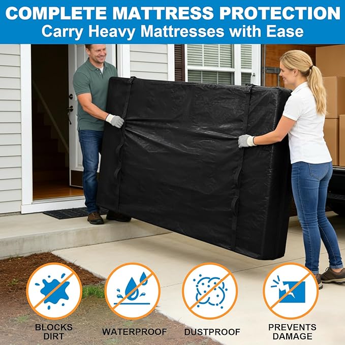 TICONN Mattress Bags for Moving, Heavy Duty Full XL Mattress Cover Storage Bag with Full-Around Handle and Adjustable Buckles (Black, Full XL)