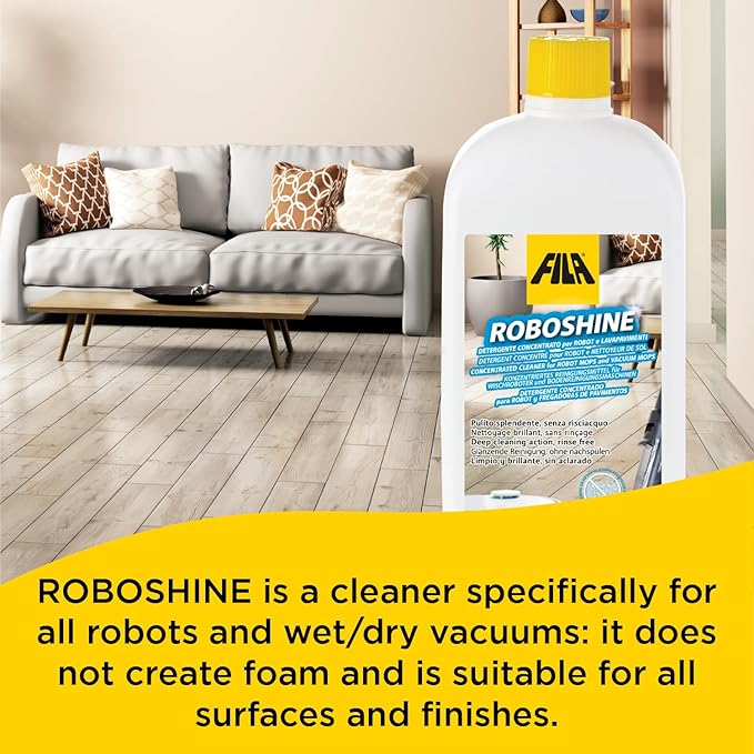 FILA Surface Care Solutions, ROBOSHINE, Detergent for All Robot Vacuum and Mop Combo and Wet Dry Vacuum Cleaner, Up to 100 Washes, Hard Floor Cleaner Mop Liquid for All Floor Tiles, 1Qt