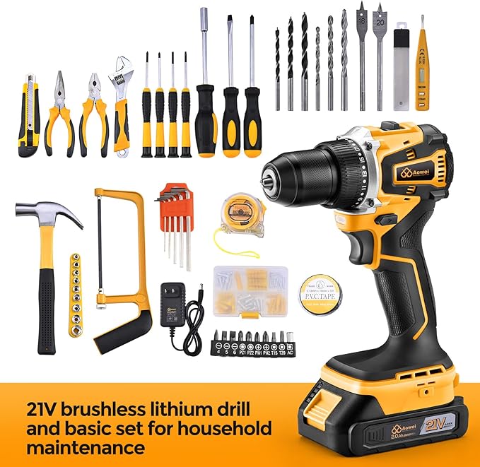 Brushless Motor Tool Kit Set: Yellow 21V Cordless Drill, Power Drill Tool Box,3/8" Keyless Chuck, 2 Variable Speeds, with Battery and Charger Included