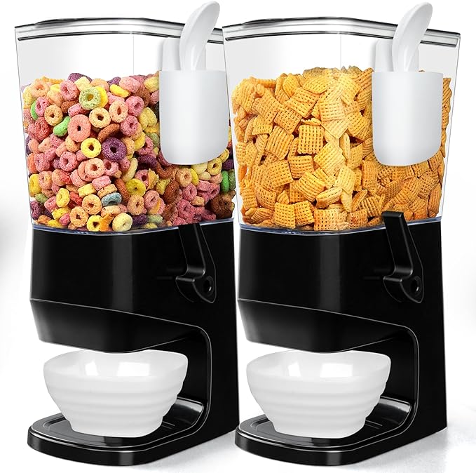 Cereal Dispenser Countertop Wath Bowls and Spoons Cereal Containers Storage for Pantry Snack Organizer Dry Food Storage Container with Lid for Kitchen Organization Oatmeal Nut Granol（Black 2 pack ）