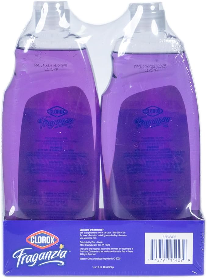 Clorox Fraganzia Liquid Dishwashing Soap - Cuts Through Tough Grease FAST - Quick Rinsing Dish Soap Formula Washes Away Grime - A Powerful Clean You Can Trust, Lavender Scent, 22 Fl Oz (Pack of 2)