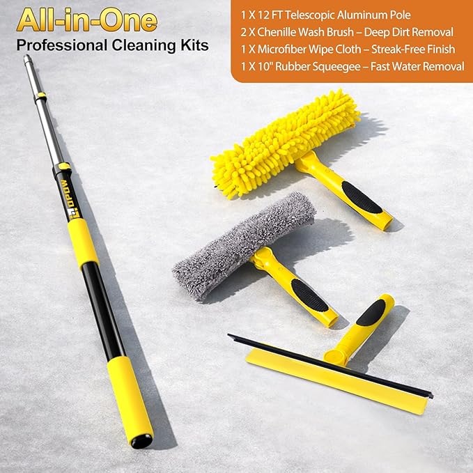 18FT High Reach Window Squeegee with Extension Pole, 2 in 1 Window Washing Kit with 3-Stage Telescopic Pole & Rotatable Head, No-Ladder Window Cleaner for High Window, Solar Panel, RV & Outdoor Glass