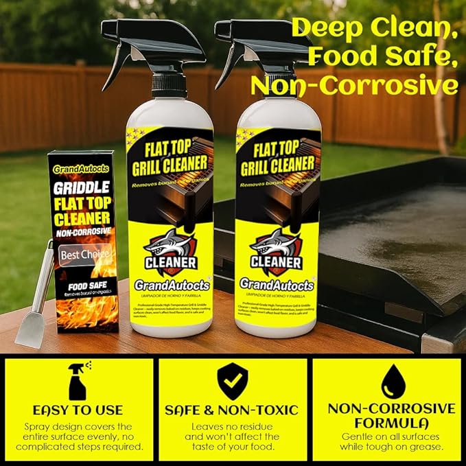 Flat Top Grill Cleaner Kit， Grill & Griddle Cleaner - Non-Toxic Food Safe & Non-Caustic Formula, Removes Burnt-On Grease/Carbon (2 Pcs + Cleaning Tools)