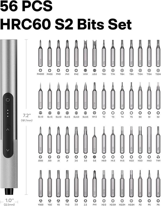 HOTO SNAPBLOQ™ S-A01 3.7V Electric Screwdriver with 56 Bits & 3 Torque Settings, Precision Screwdriver Set, 250RPM, LED Light, Lock Pick Set, Repair Tool Kit for Electronics, Door Bell, Watch