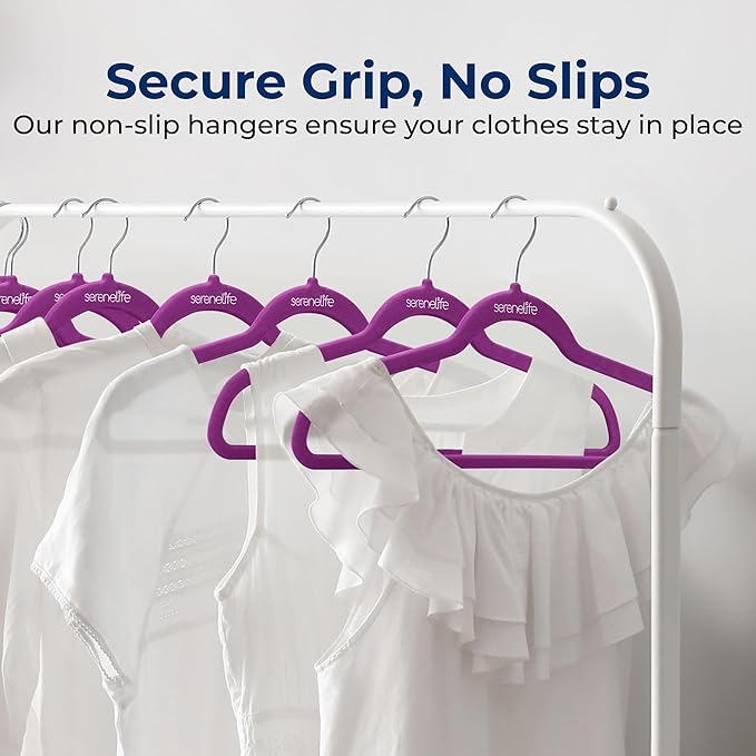 SereneLife 200 Pack Velvet Hangers - Non-Slip Felt Hangers with 360° Swivel Hook, Space-Saving, Ultra-Thin, Lightweight for Shirts, Sweaters, Hoodies, Kids Clothes & Dresses (Purple)