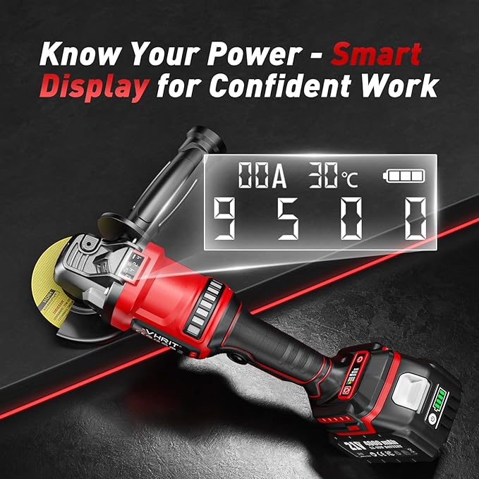Cordless Angle Grinder, 4-1/2" Battery Grinder with 2 Batteries, LED Display,Burshless motor for Metal Cutting Grinding, Rust Removal