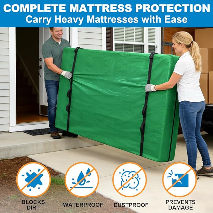 TICONN Mattress Bags for Moving, Heavy Duty Full Mattress Cover Storage Bag with Full-Around Handle and Adjustable Buckles (Green, Full)